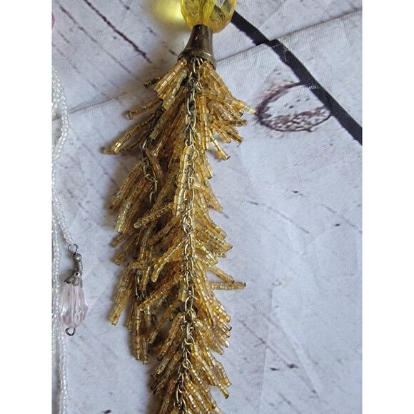 Vintage Glass Beaded Dangling Tassels 2 Ornaments Gold Pink White - Picture 2 of 9